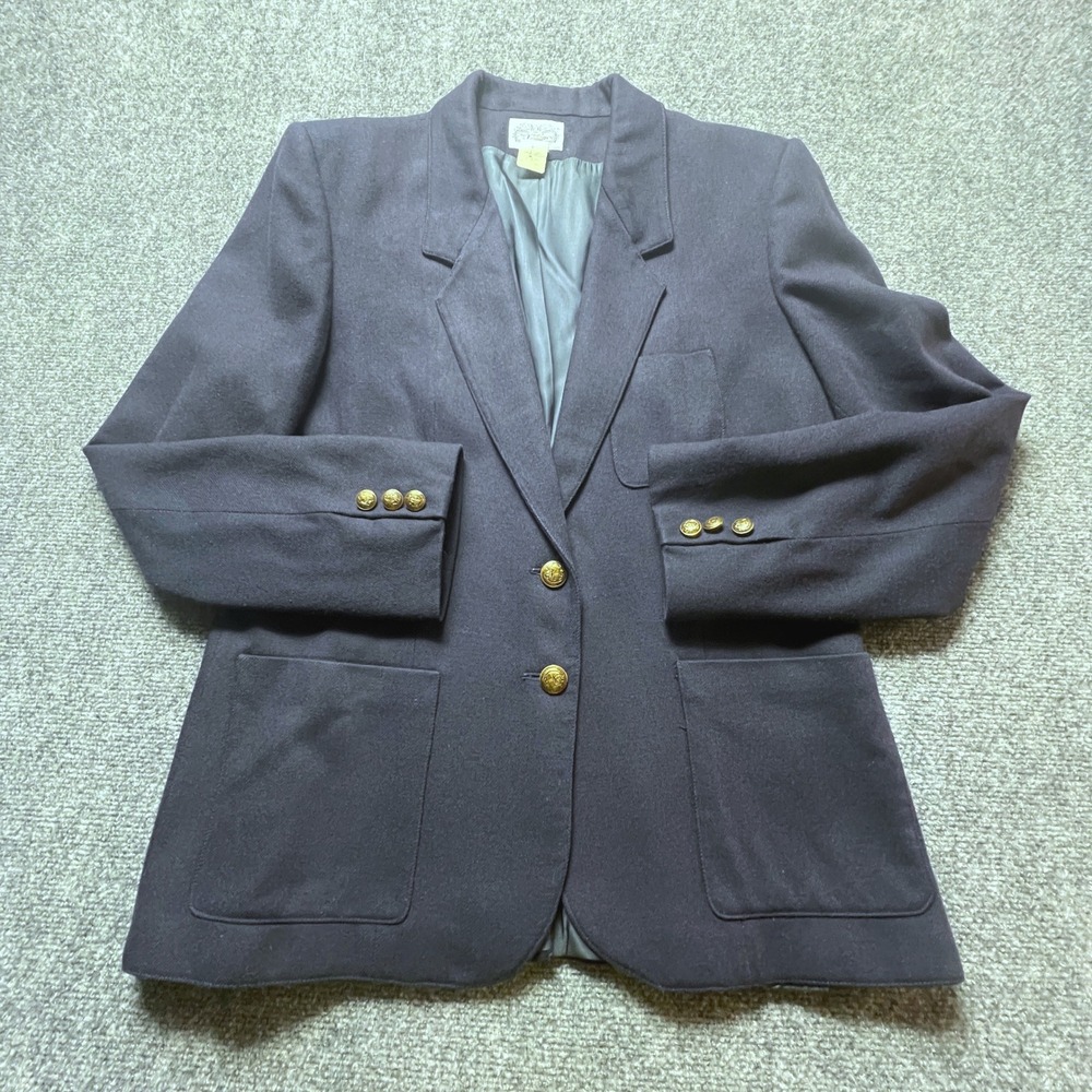 Vintage Navy Blue Wool Blend Blazer Gold Crest Button Preppy Academic 8 Villager - Picture 2 of 8